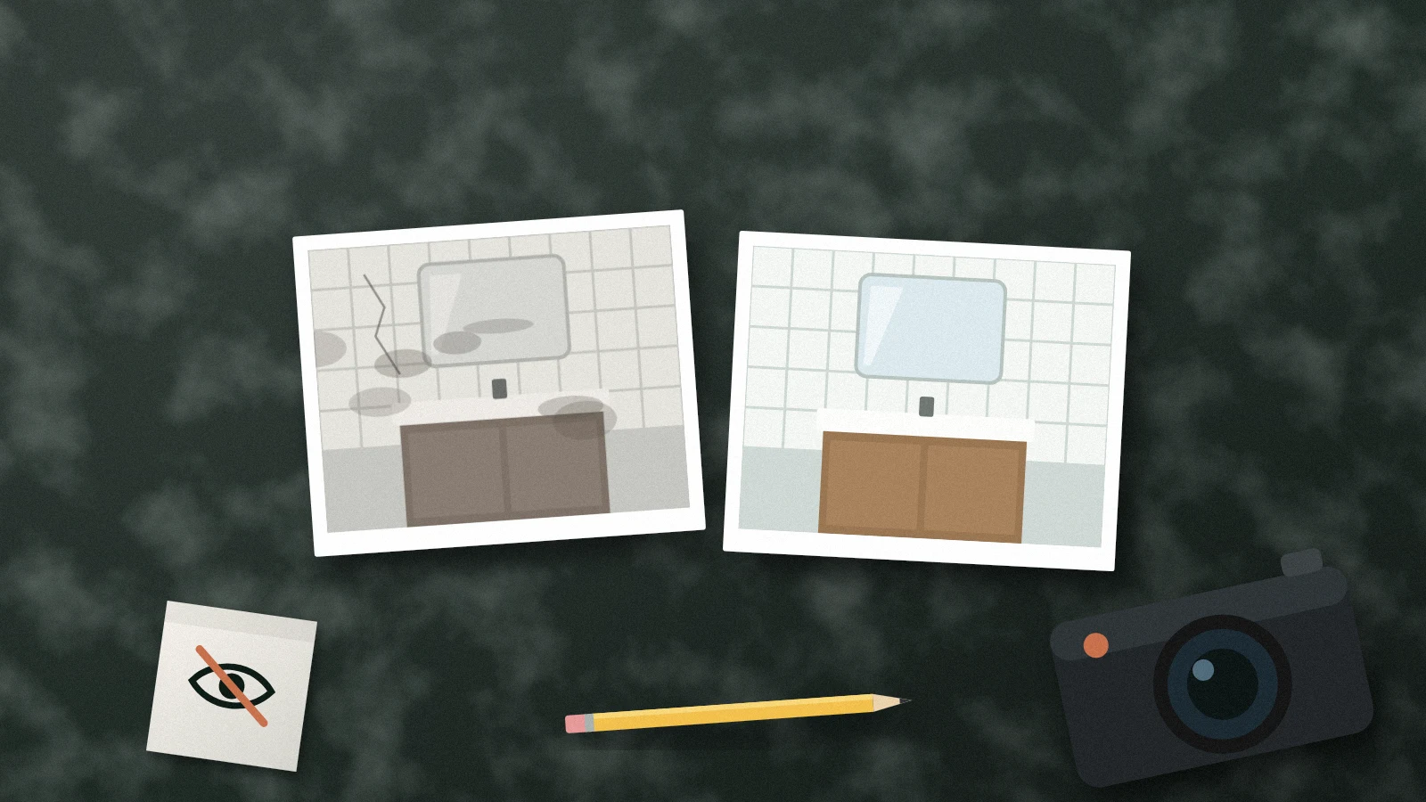 Illustration: matching before and after prints of the same bathroom, the before worn and stained, beside a camera and a note with a crossed-out eye.