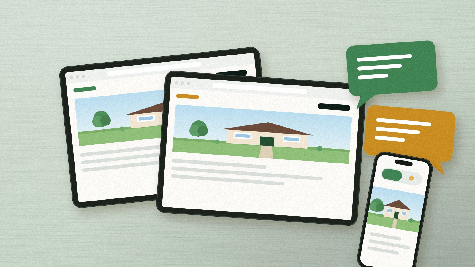 Illustration: two matching web pages, one with a mint header and one with a gold header, beside mint and gold speech bubbles and a phone with a language toggle.