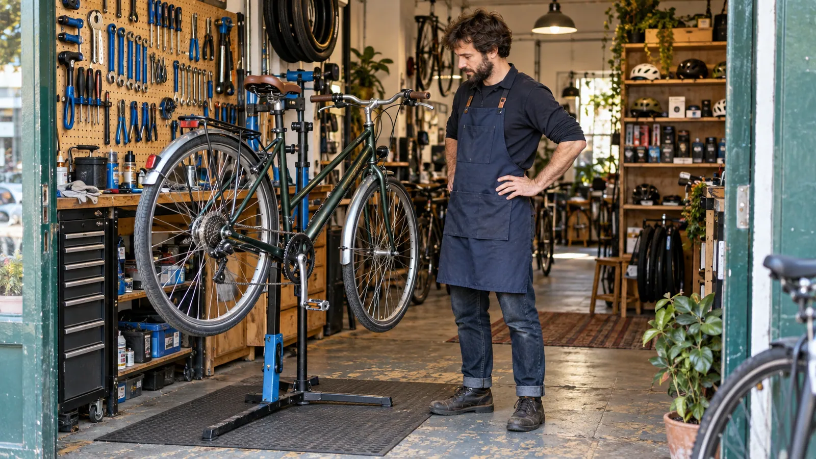 Taller de bicicletas con un soporte de reparación y estantes de accesorios al fondo.