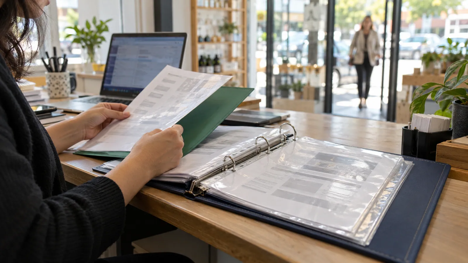 Business records reviewed beside a laptop, with the public shop entrance beyond.