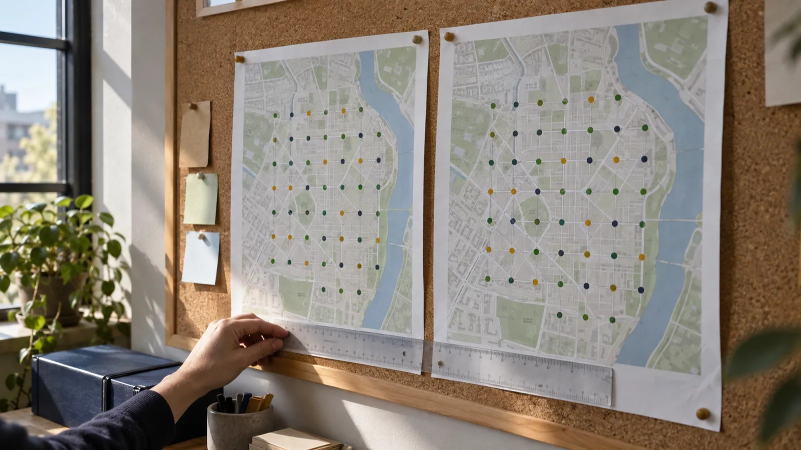 Two illustrative neighborhood scan maps aligned side by side with a drafting ruler.