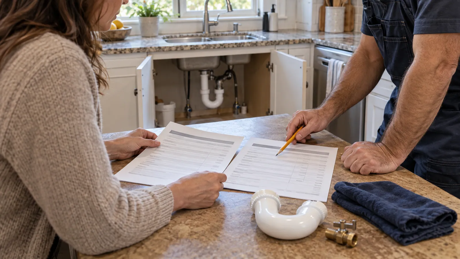 Plumbing quotes compared beside replacement fittings and an open sink cabinet.