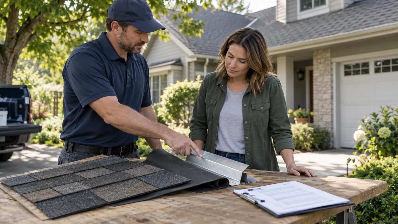 Roofing professional and homeowner comparing shingle, underlayment and flashing samples beside a house.