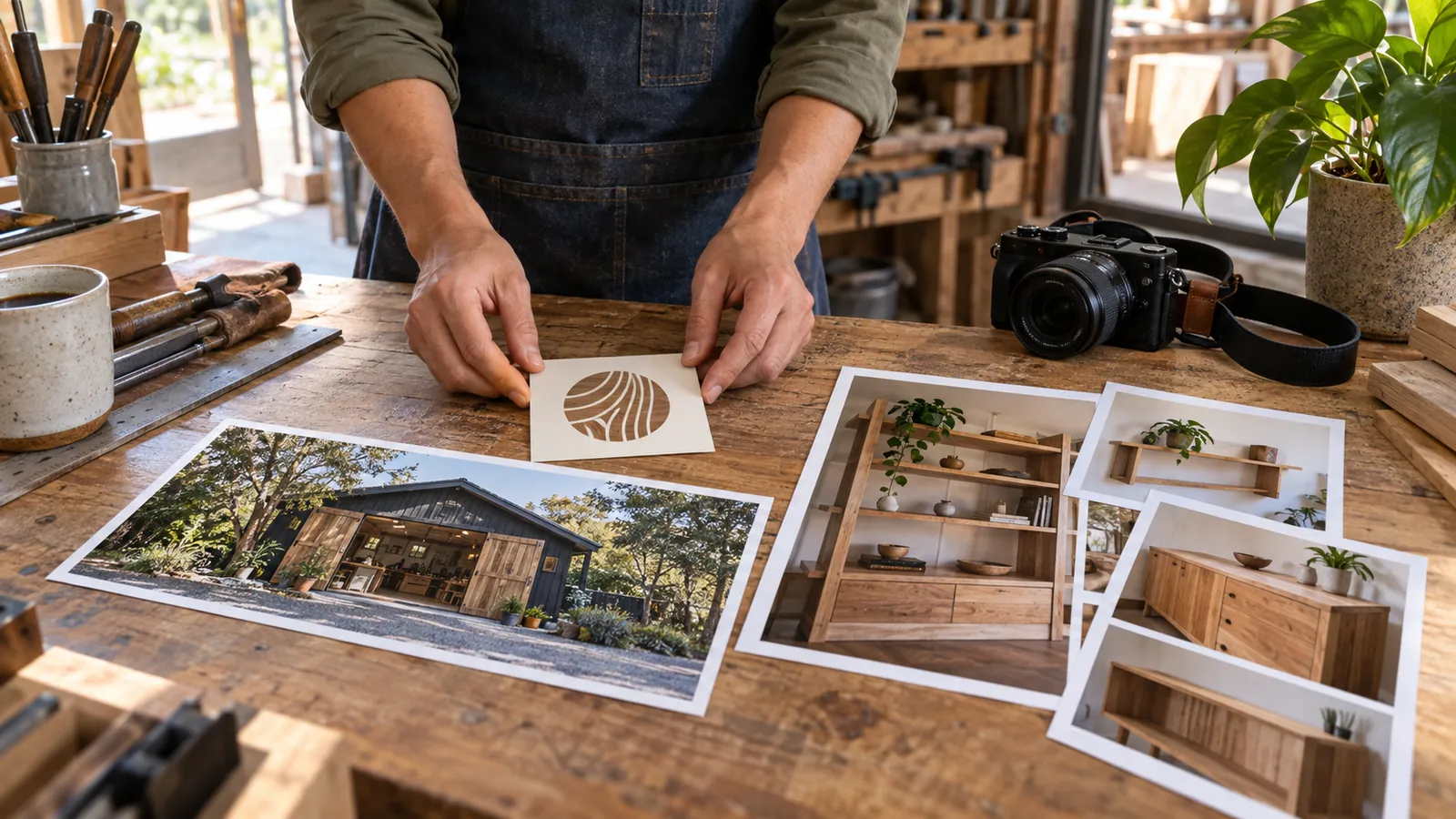 Hands arranging a square emblem card, a shop cover photograph and finished woodwork gallery prints.