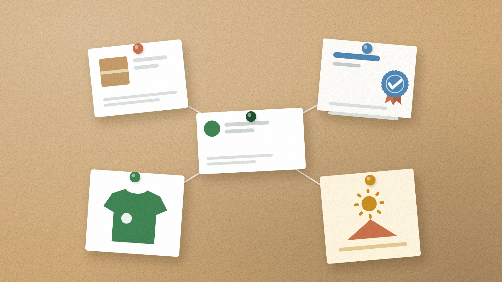 Illustration: a business card pinned to a corkboard, linked by string to a supplier card, an association certificate, a team jersey and an event flyer.