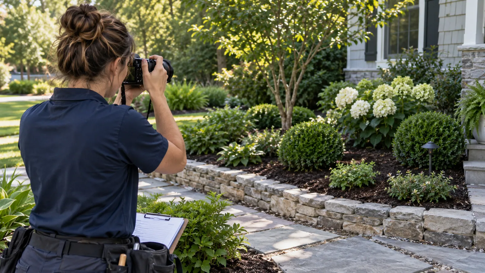 Profesional de servicios fotografiando los bordes de piedra y el paisajismo de un jardín terminado.