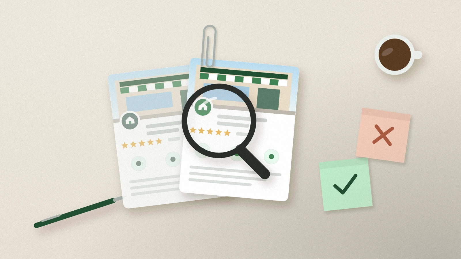Illustration: two nearly identical business listing cards overlap under a magnifying glass, clipped together, with check and cross notes beside them.