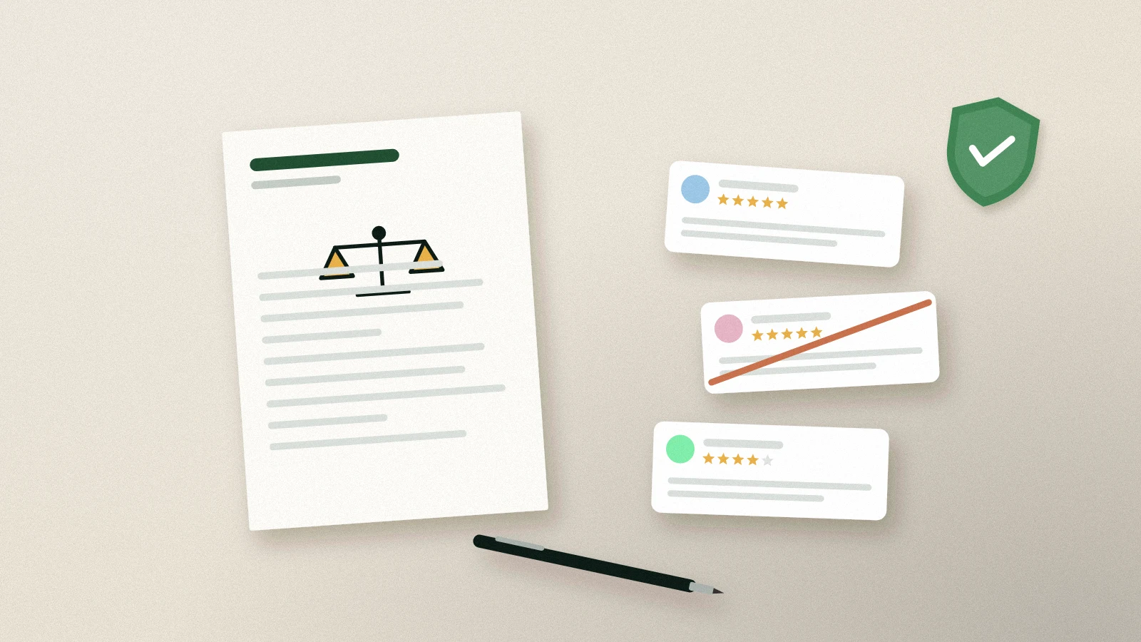 Illustration: a rule document with a balance scale beside three review cards with stars, one struck through, a check badge and a pen.