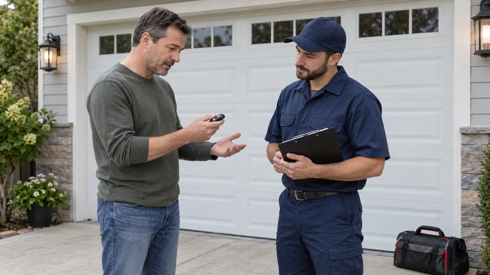 Homeowner discussing a garage-door remote with a technician beside a closed sectional garage door.