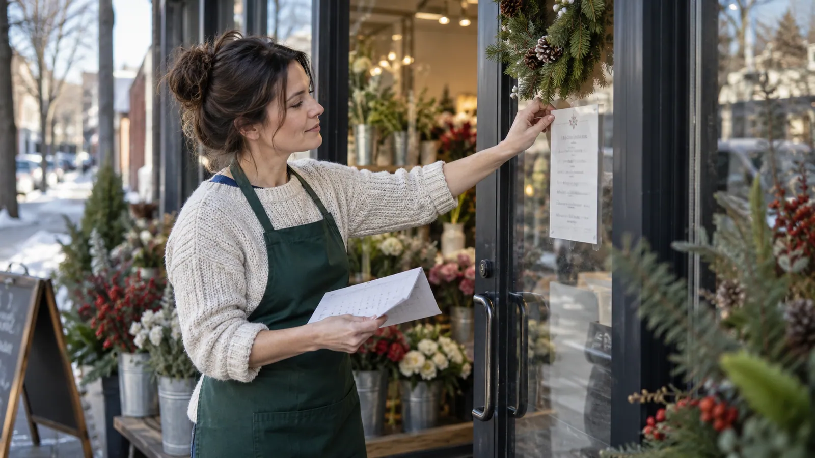 Florista ajustando un aviso de horarios junto a una corona festiva mientras consulta un calendario.