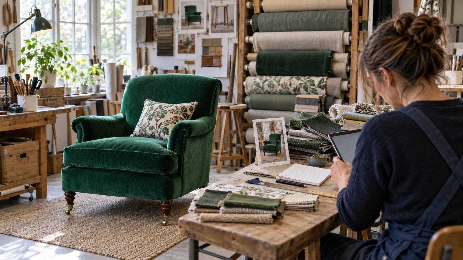 Upholsterer preparing an update beside a restored armchair, a project photograph and draft notes.