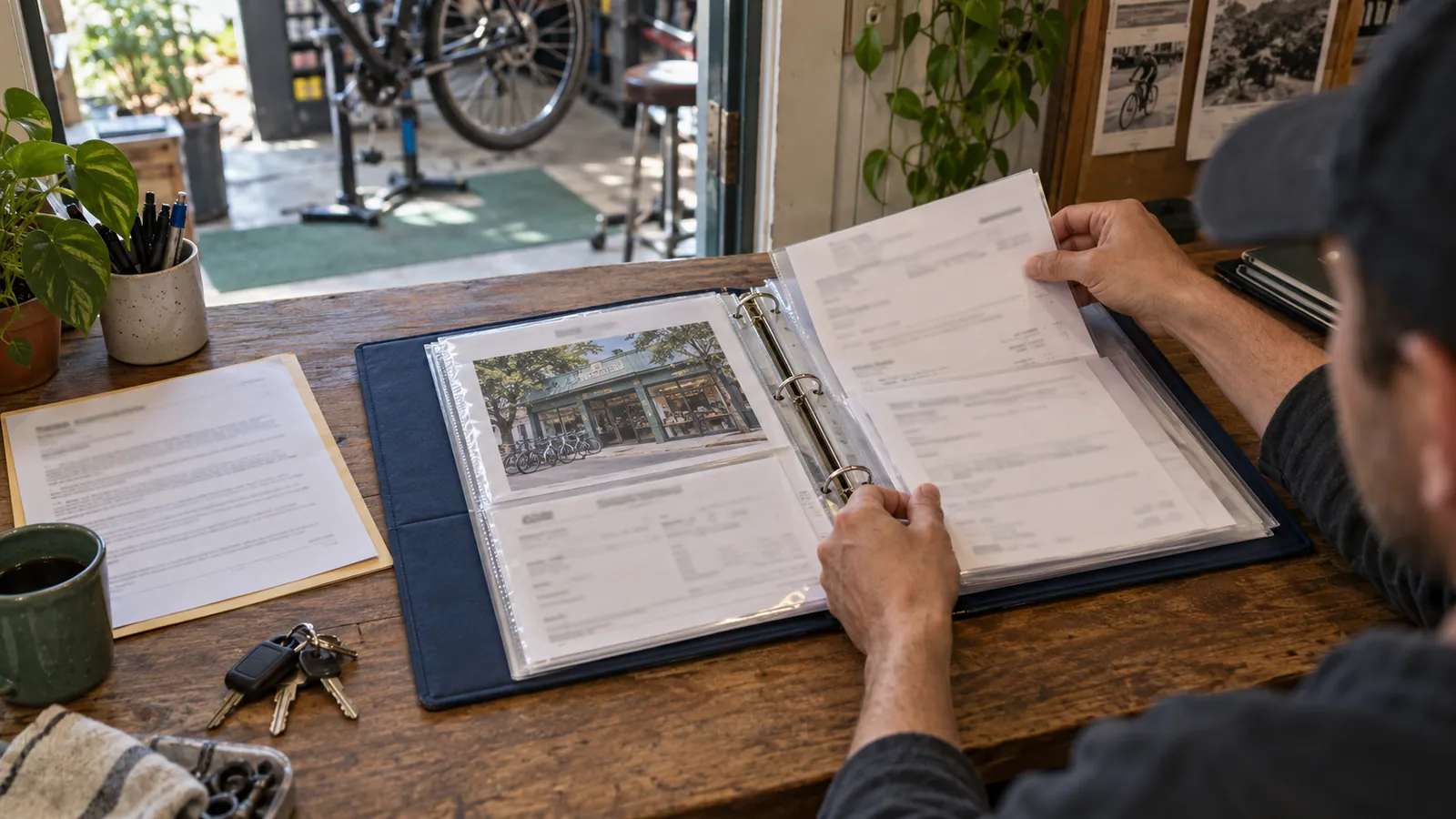 Hands organizing business documents and a storefront photograph in an evidence binder at a bicycle shop.
