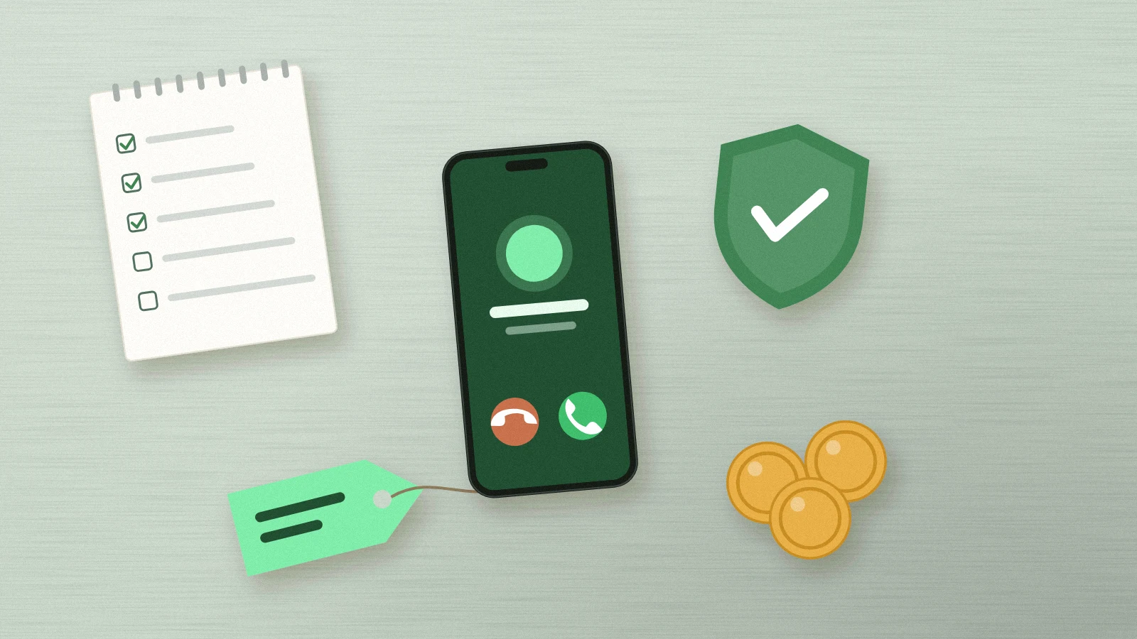 Ilustración: un teléfono con la llamada entrante de un cliente, un escudo verde de verificación, monedas y una etiqueta de precio sobre un escritorio.