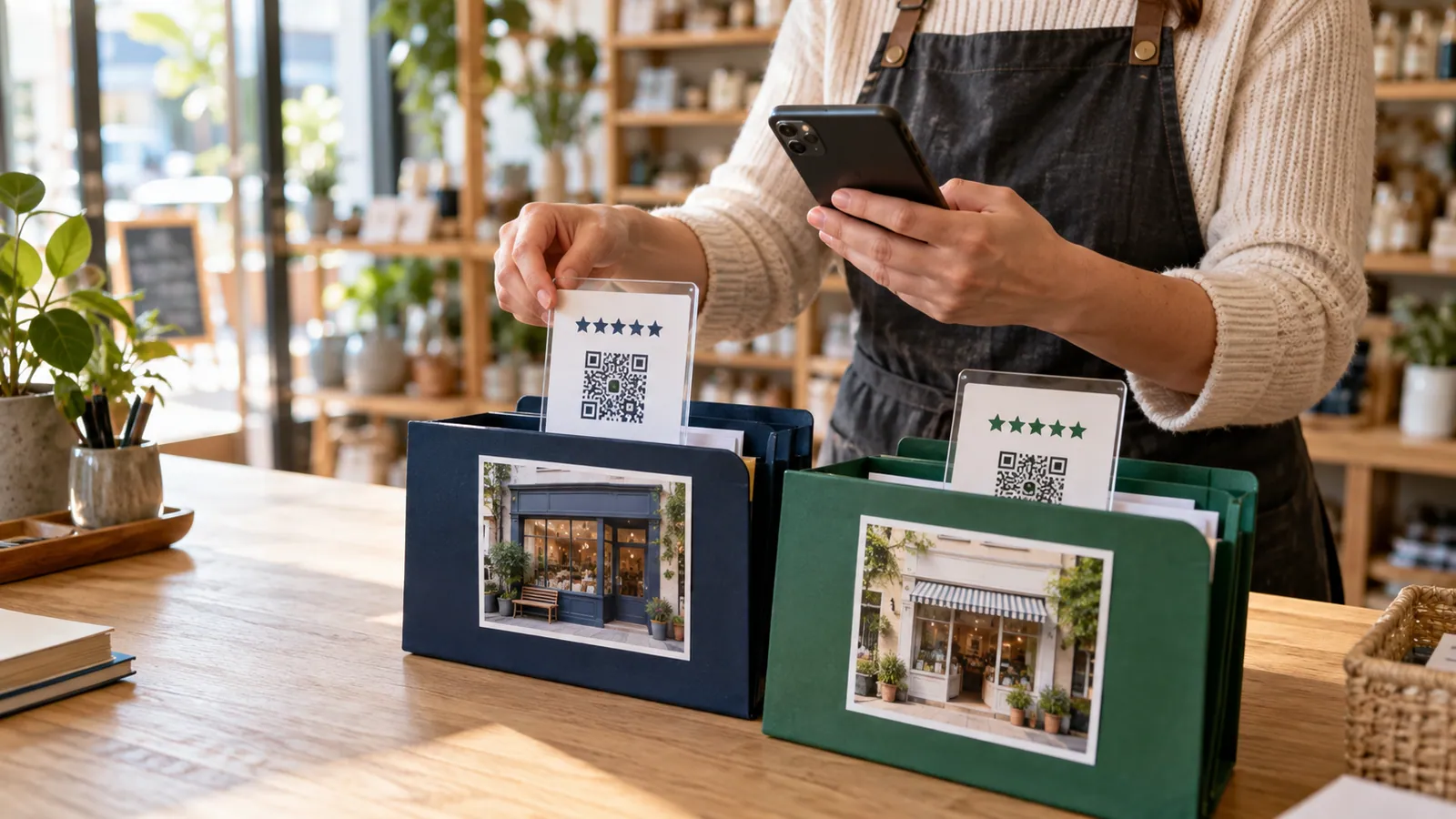 Shop manager organizing review QR placards in separate folders marked with storefront photos.