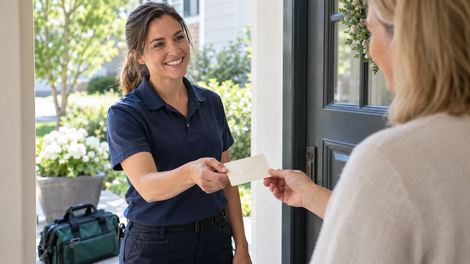 Service professional handing a feedback invitation card to a homeowner at the front door.