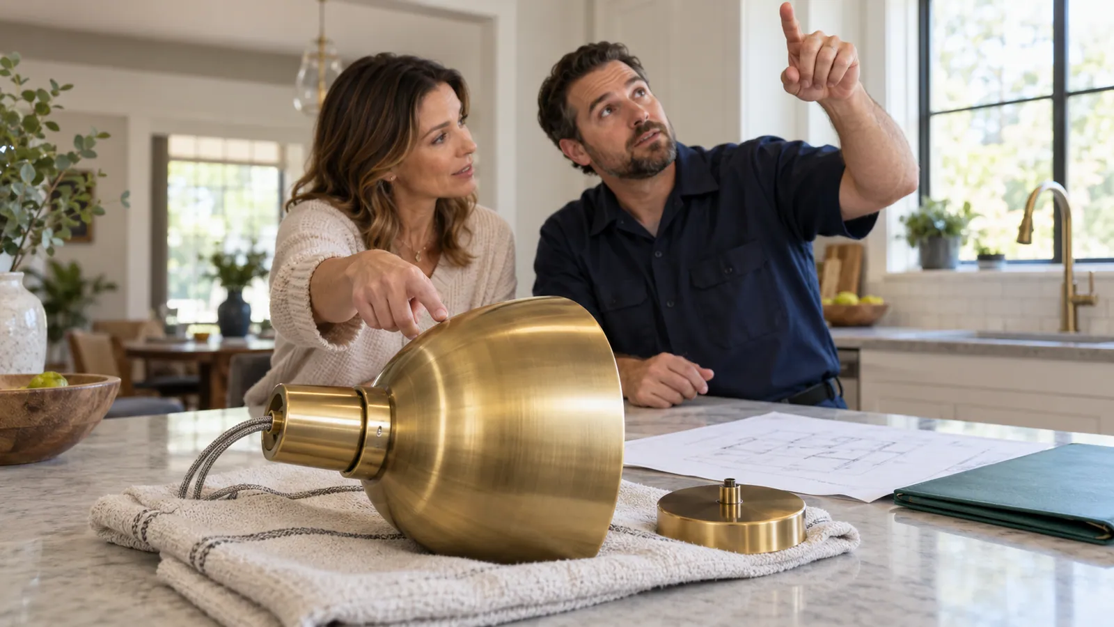 Electrician and homeowner discussing a brass pendant light and its planned ceiling location.