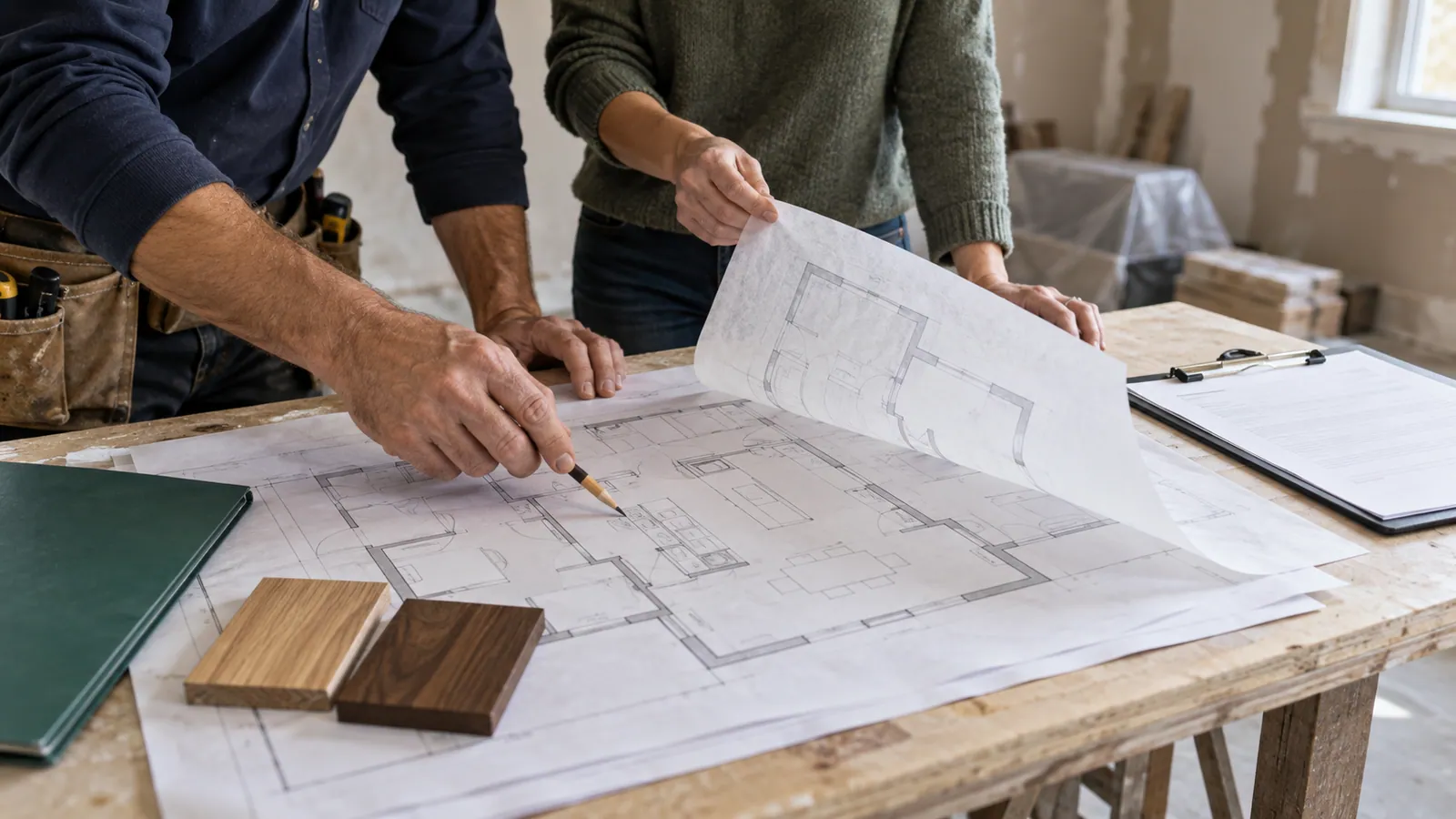 Contractor and homeowner comparing a tracing-paper revision with the original renovation plan.