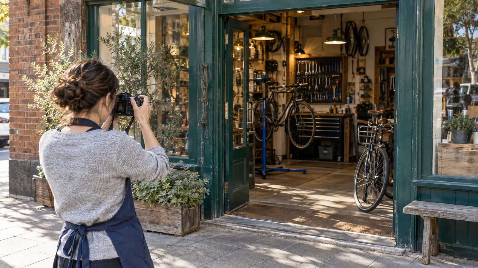 Propietaria de un taller de bicicletas toma una foto actualizada de la entrada abierta y el taller.