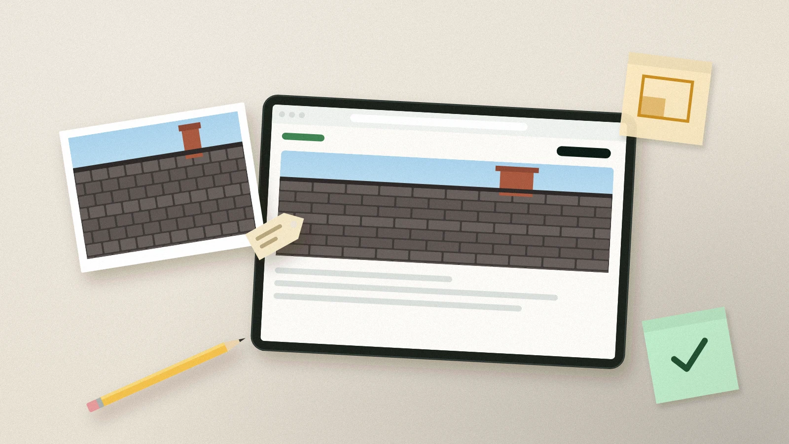 Illustration: a roof job photo with a paper label tied to it, a website page showing the same photo, resize notes and a pencil on linen.