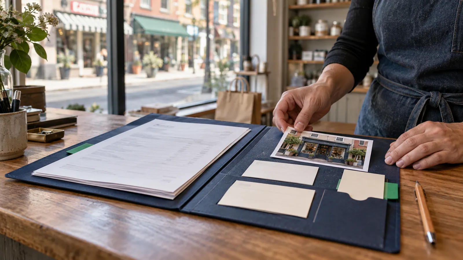 Storefront photograph and contact records arranged in a folder at a shop counter.