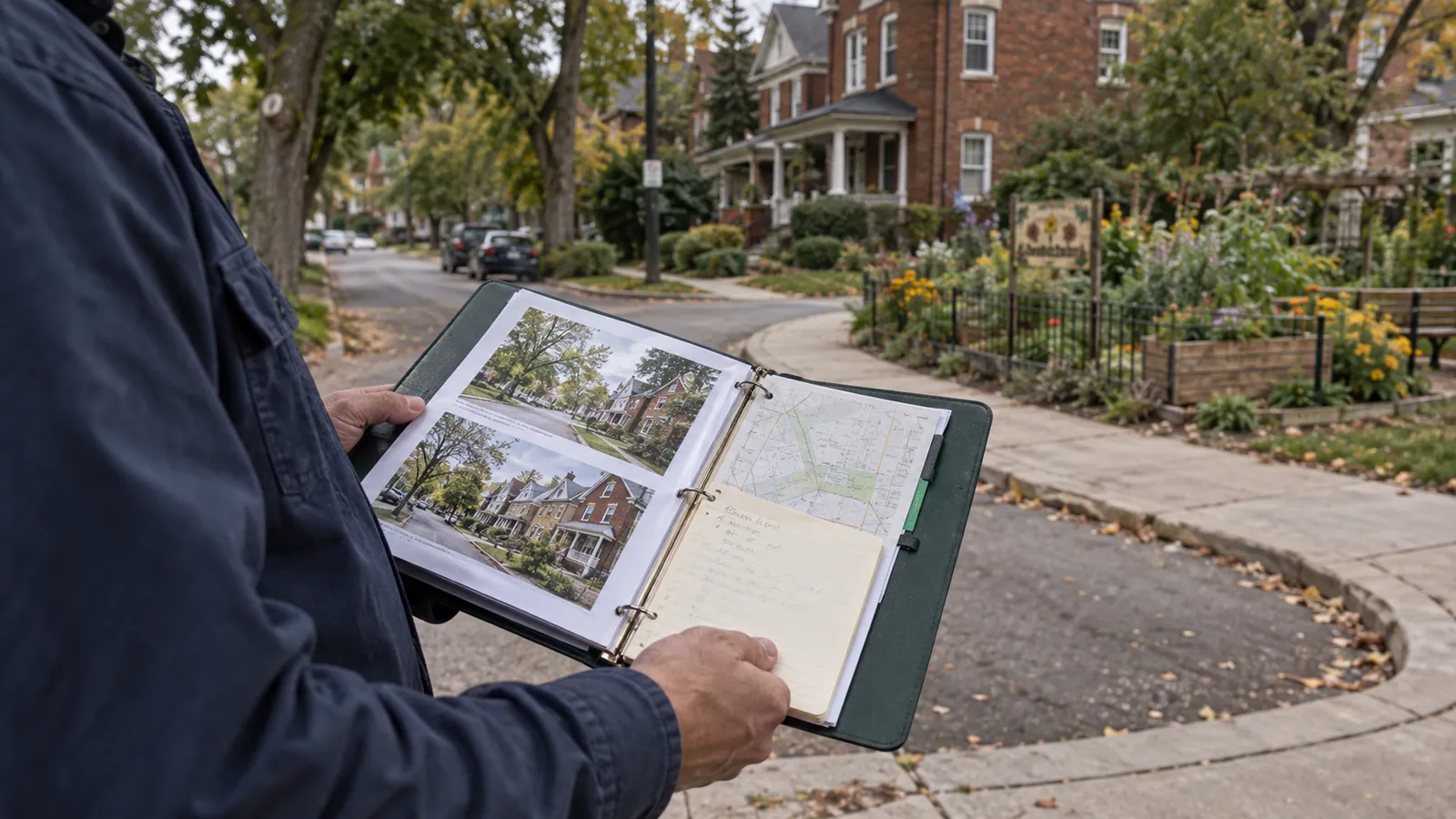 Open field binder with neighborhood photographs and a map on a residential street.
