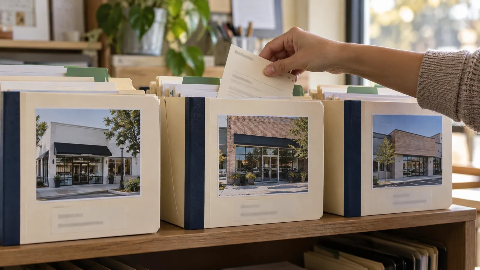 Three location folders with different storefront photographs and individual contact records.