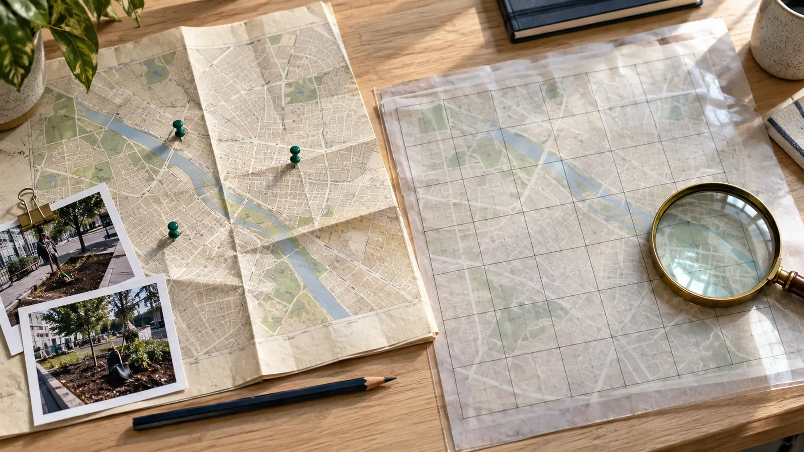 Illustrative maps compare job check-in pins with an empty geographic sampling grid.