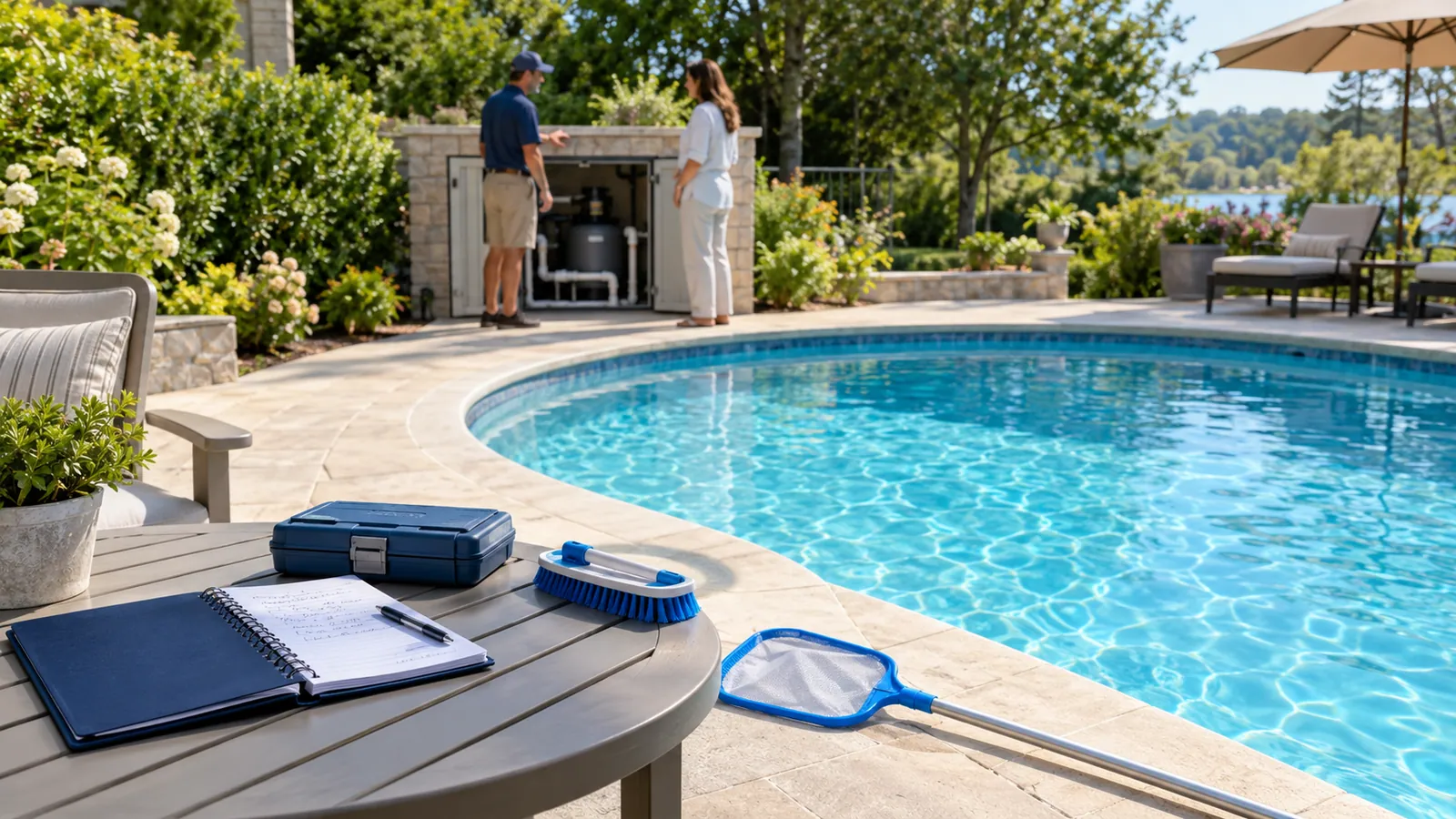 Pool-service notebook and test kit beside a pool during an equipment consultation.
