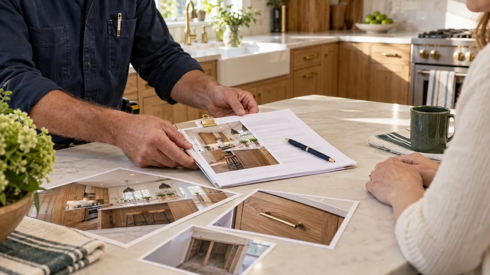 Contractor and homeowner reviewing a project photo clipped to permission paperwork in a finished kitchen.