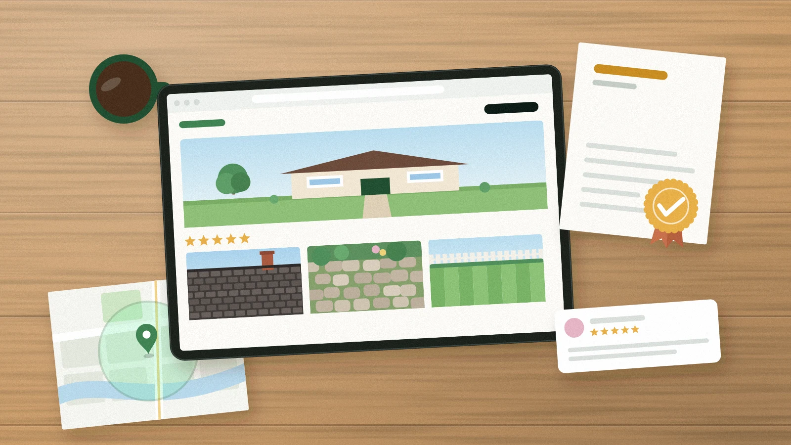 Illustration: a tablet website with recent job photos and stars, a certificate with a gold seal, a review card and a small coverage map.