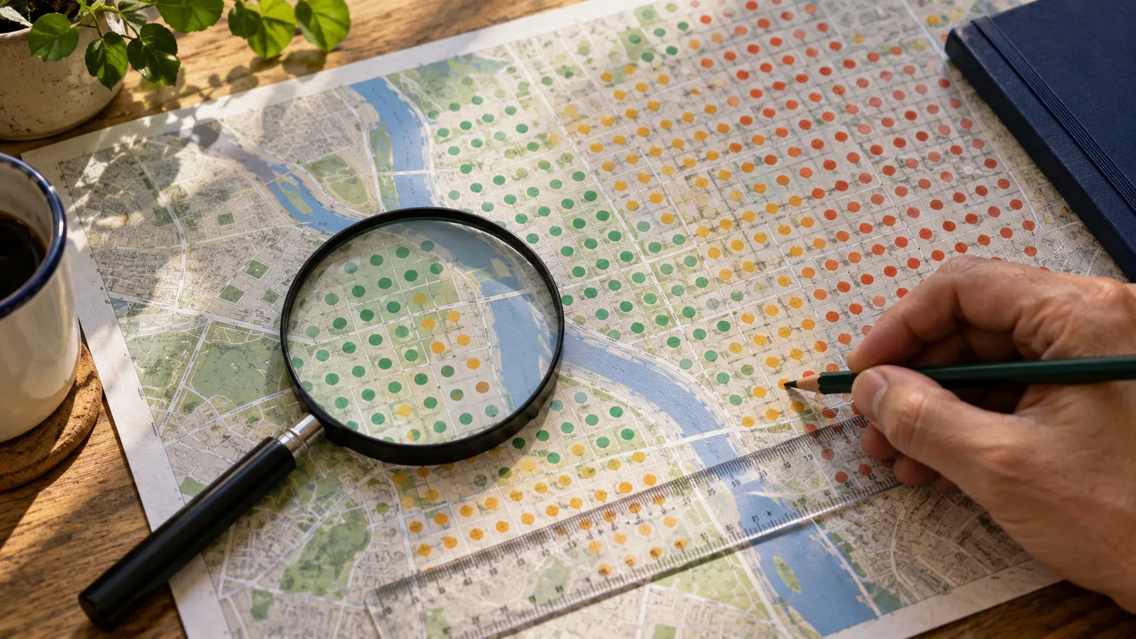 Magnifying glass and ruler examining a colored local ranking grid on a printed neighborhood map.