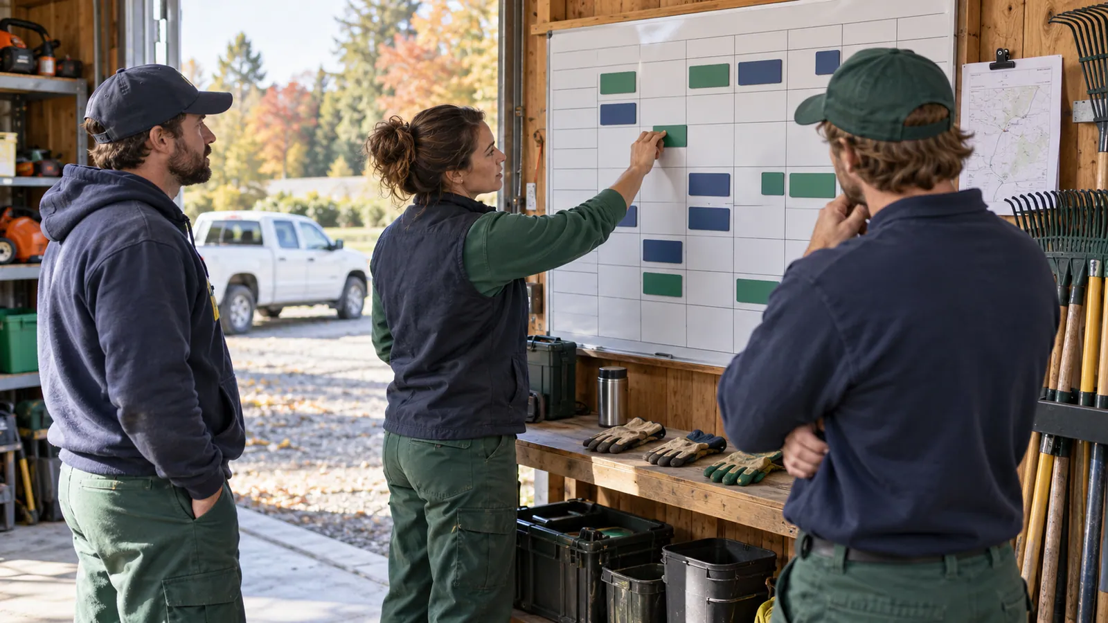 Landscaping crew planning seasonal jobs on a scheduling board with gaps between assignments.
