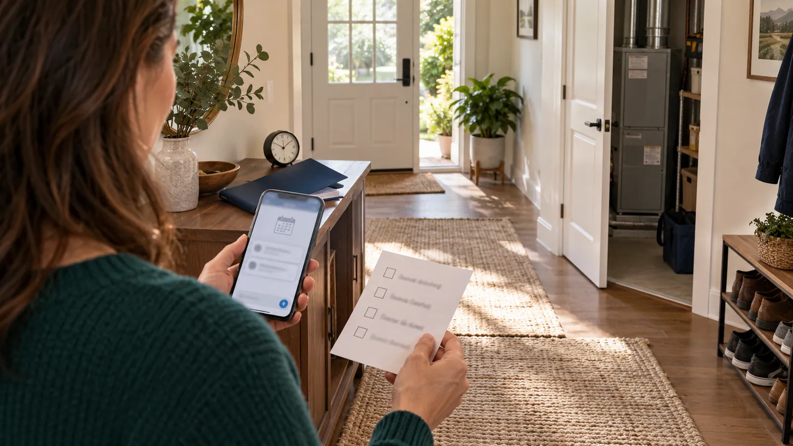 Homeowner checking an appointment message and preparation checklist in a clear hallway before a service visit.