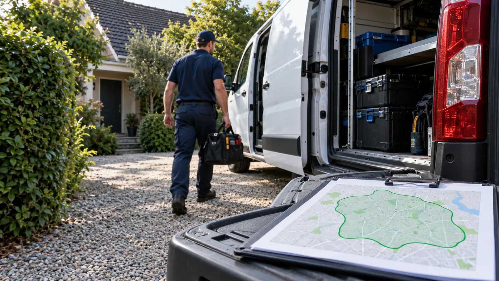 Técnico de servicio junto a una camioneta en una vivienda privada, con un mapa de una zona amplia de cobertura en primer plano.