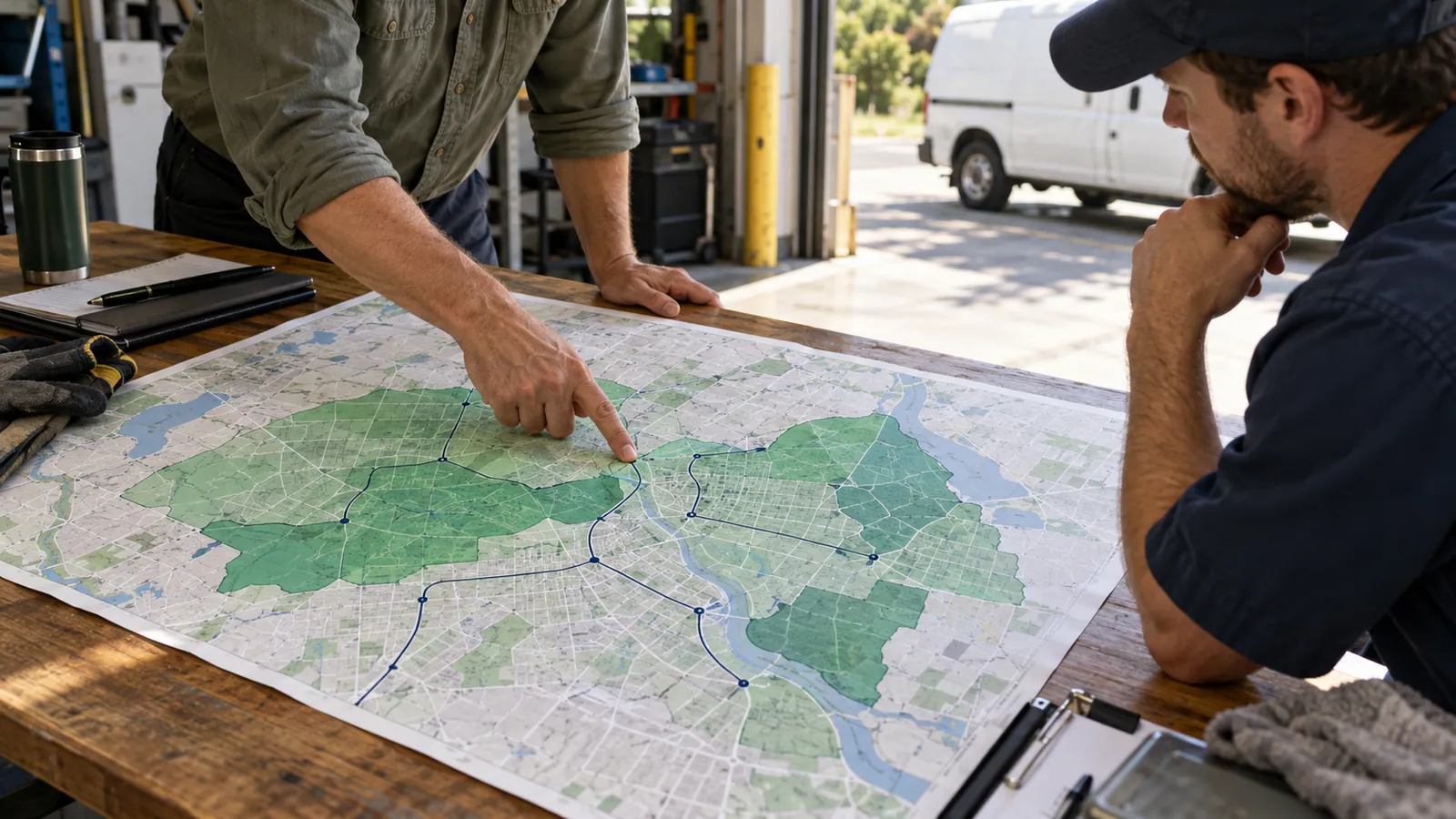 A dispatcher points to coverage boundaries on a map while a technician reviews the service area.