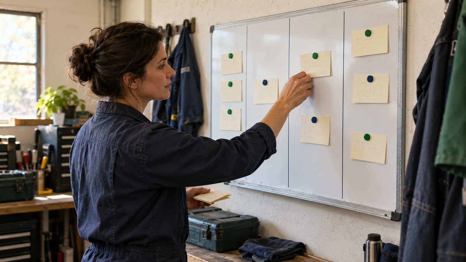 A service coordinator moves a request card on a workshop board with green and navy markers.