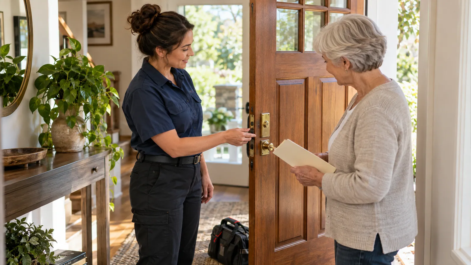 A technician explains completed door work to a homeowner holding a service record.