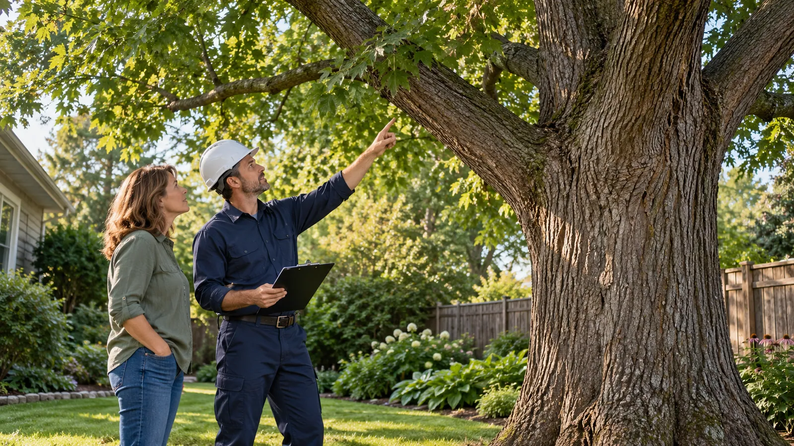 An arborist and homeowner assess the branches of a mature tree beside a garden fence.