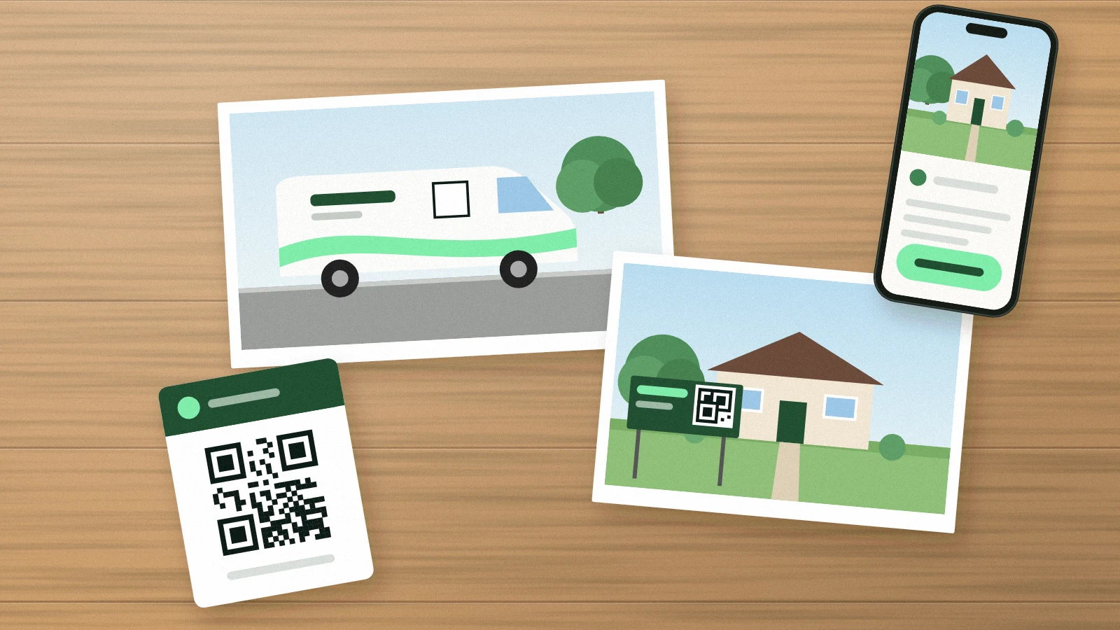 Illustration: a print of a white service van with a mint stripe, a yard sign with a QR code in front of a house, a QR card and a phone.