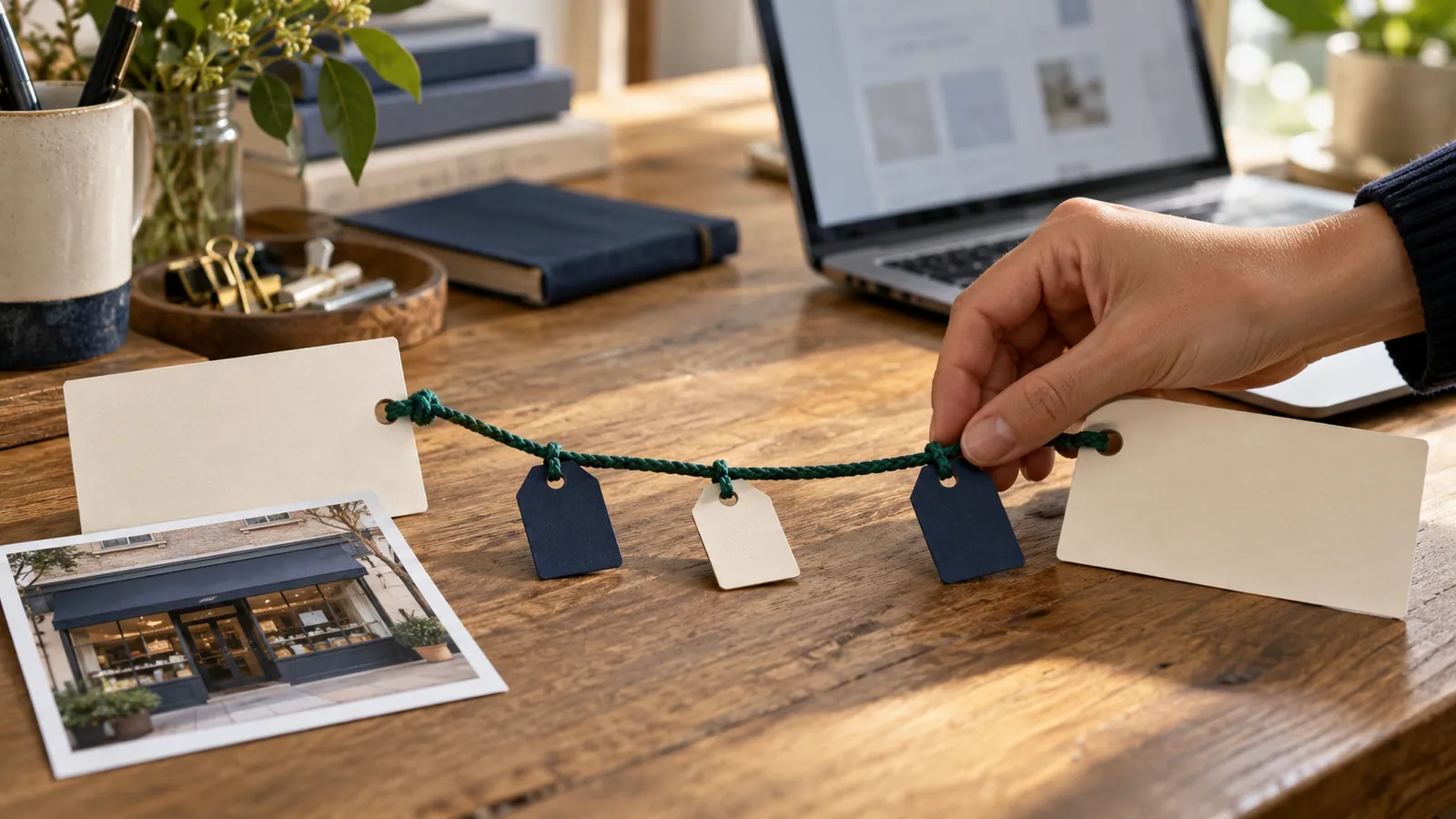Paper tags on a green cord connect a storefront photograph with a laptop on a wooden table.