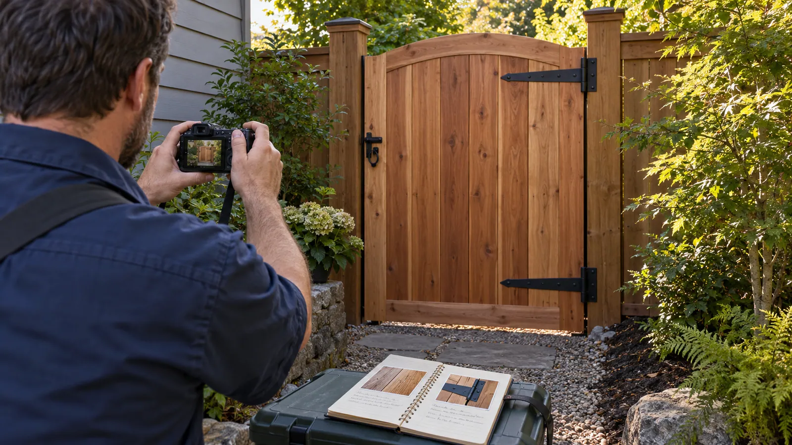 A service professional photographs a finished wooden garden gate beside a notebook documenting the work.